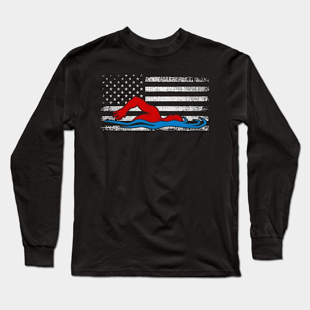 Swimming American Flag Long Sleeve T-Shirt by lenaissac2